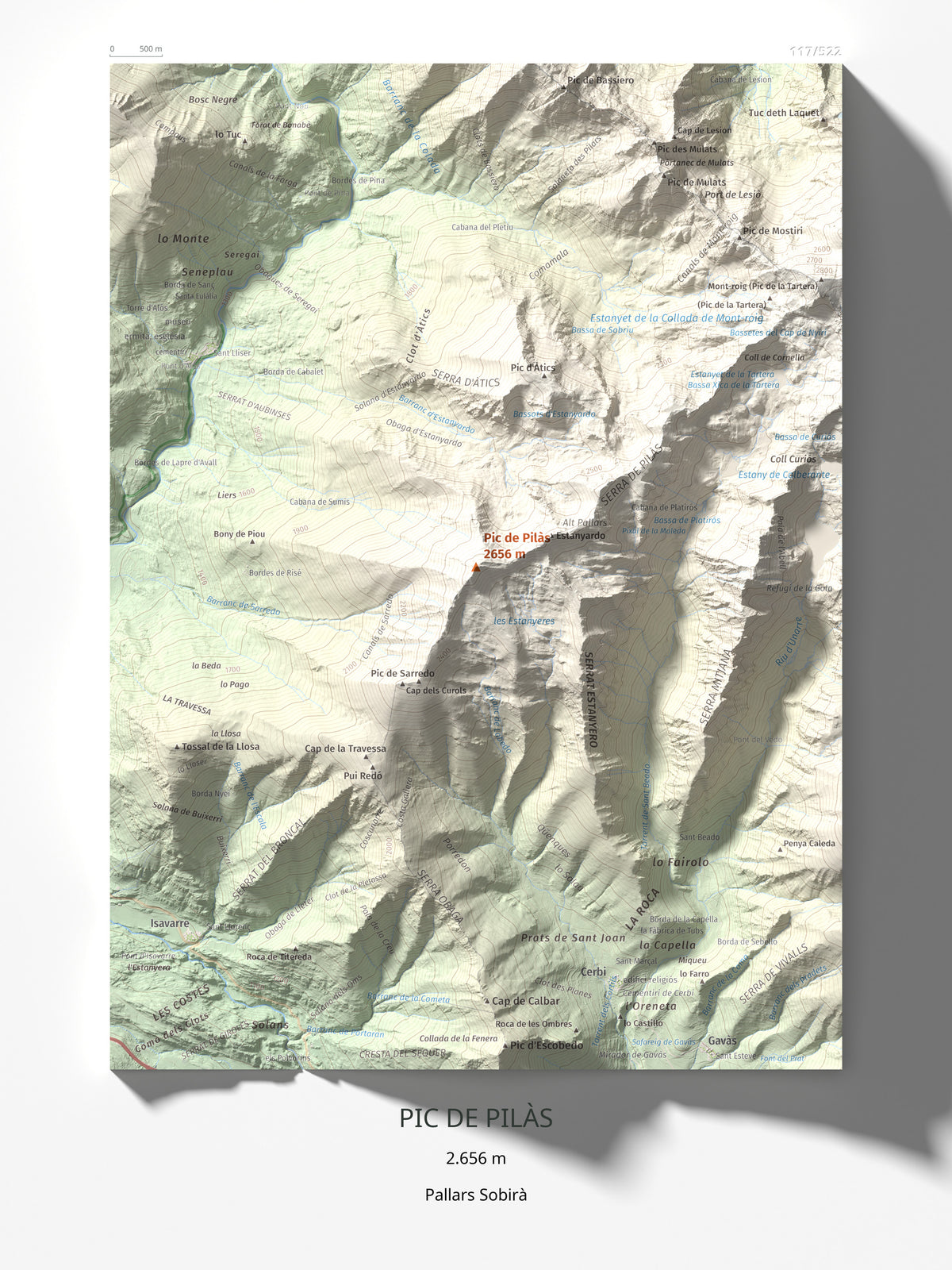 Mapa de relieve de Pic de Pilàs, 2656 m, Pallars Sobirà, lámina 100 Cims de Trobart 30 × 40 cm.