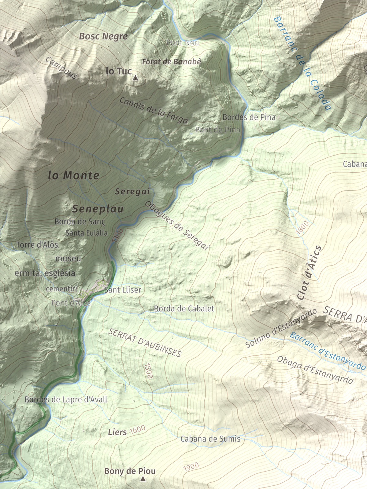 Mapa de relieve de Pic de Pilàs, 2656 m, Pallars Sobirà, lámina 100 Cims de Trobart. Detalle de la zona superior izquierda. 30 × 40 cm.