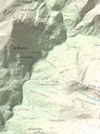 Mapa de relieve de Pic de Pilàs, 2656 m, Pallars Sobirà, lámina 100 Cims de Trobart. Detalle de la zona superior izquierda. 30 × 40 cm.