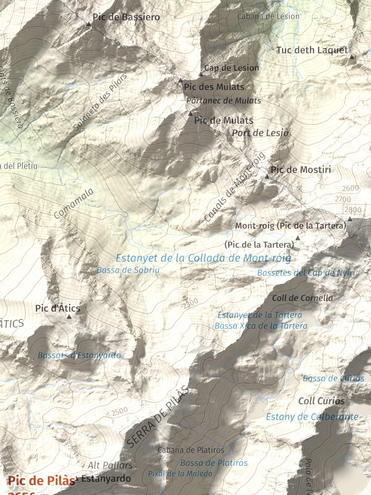 Mapa de relieve de Pic de Pilàs, 2656 m, Pallars Sobirà, lámina 100 Cims de Trobart. Detalle de la zona superior derecha. 30 × 40 cm.