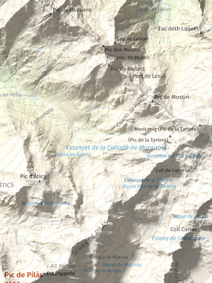 Mapa de relieve de Pic de Pilàs, 2656 m, Pallars Sobirà, lámina 100 Cims de Trobart. Detalle de la zona superior derecha. 30 × 40 cm.