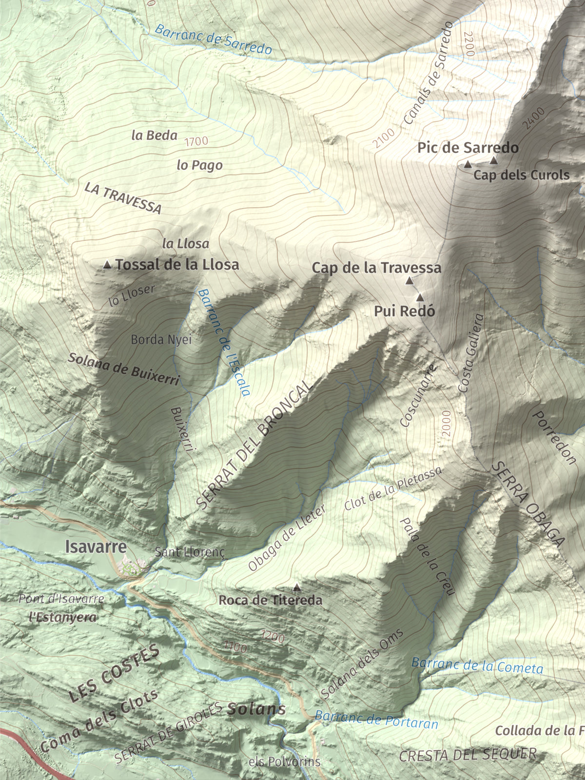 Mapa de relieve de Pic de Pilàs, 2656 m, Pallars Sobirà, lámina 100 Cims de Trobart. Detalle de la zona inferior izquierda. 30 × 40 cm.