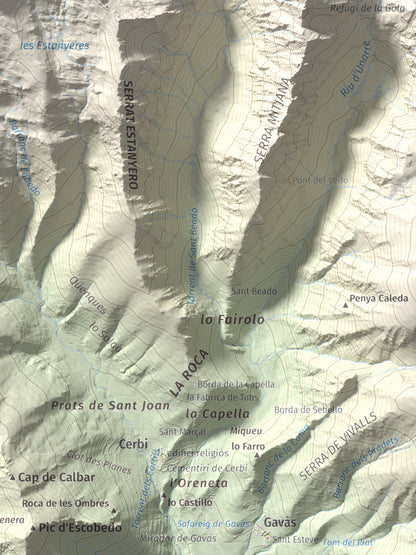 Mapa de relieve de Pic de Pilàs, 2656 m, Pallars Sobirà, lámina 100 Cims de Trobart. Detalle de la zona inferior derecha. 30 × 40 cm.