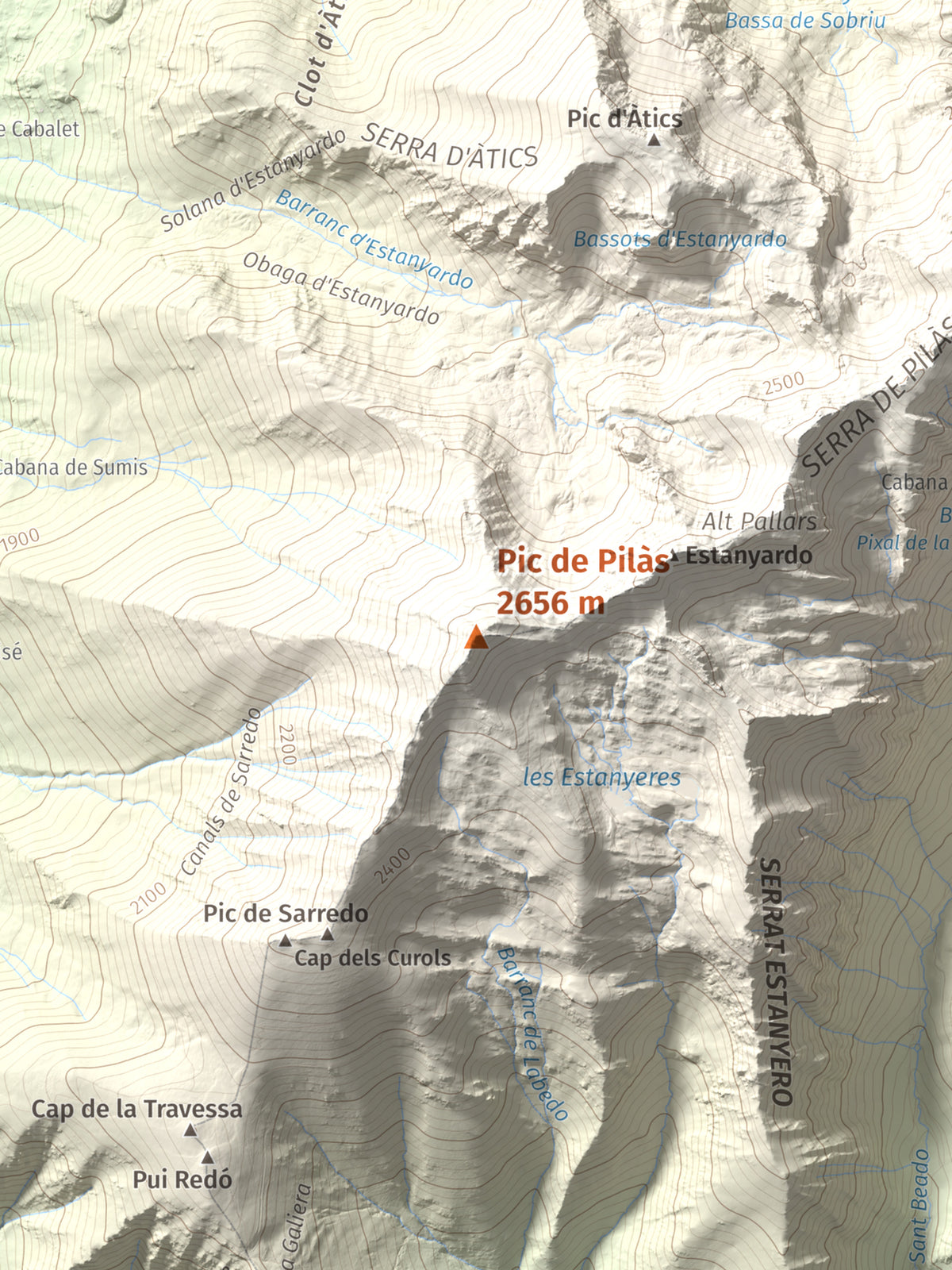 Mapa de relieve de Pic de Pilàs, 2656 m, Pallars Sobirà, lámina 100 Cims de Trobart. Detalle de la zona central. 30 × 40 cm.