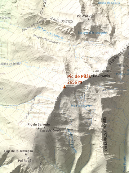 Mapa de relieve de Pic de Pilàs, 2656 m, Pallars Sobirà, lámina 100 Cims de Trobart. Detalle de la zona central. 30 × 40 cm.