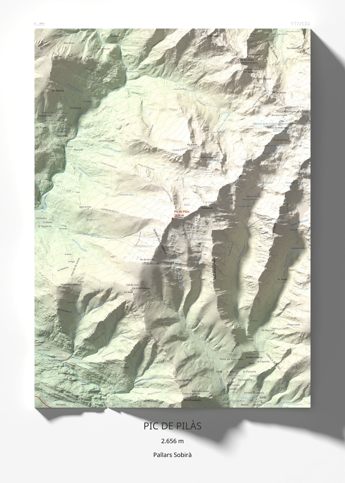 Mapa de relieve de Pic de Pilàs, 2656 m, Pallars Sobirà, lámina 100 Cims de Trobart 50 × 70 cm.