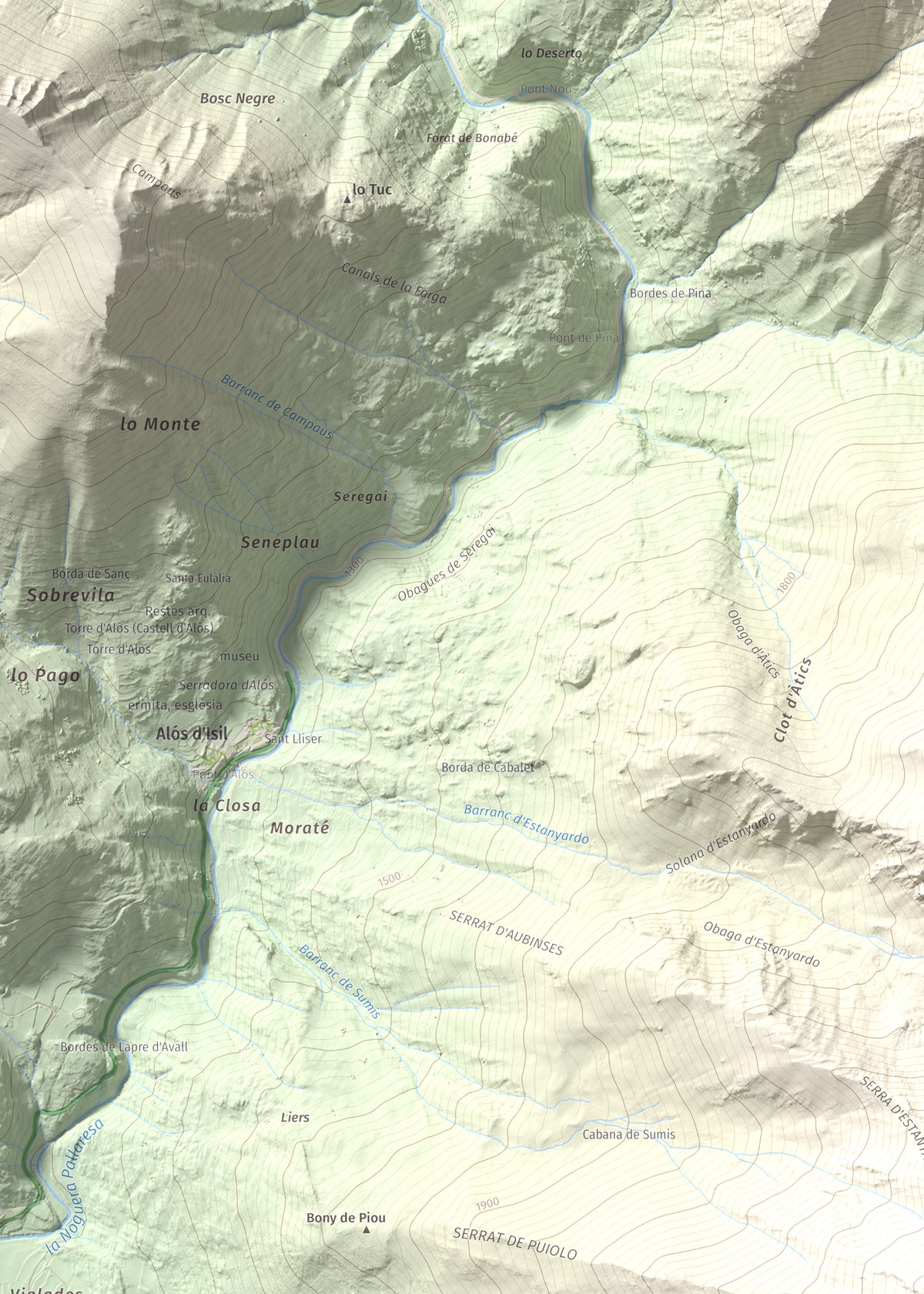 Mapa de relieve de Pic de Pilàs, 2656 m, Pallars Sobirà, lámina 100 Cims de Trobart. Detalle de la zona superior izquierda. 50 × 70 cm.