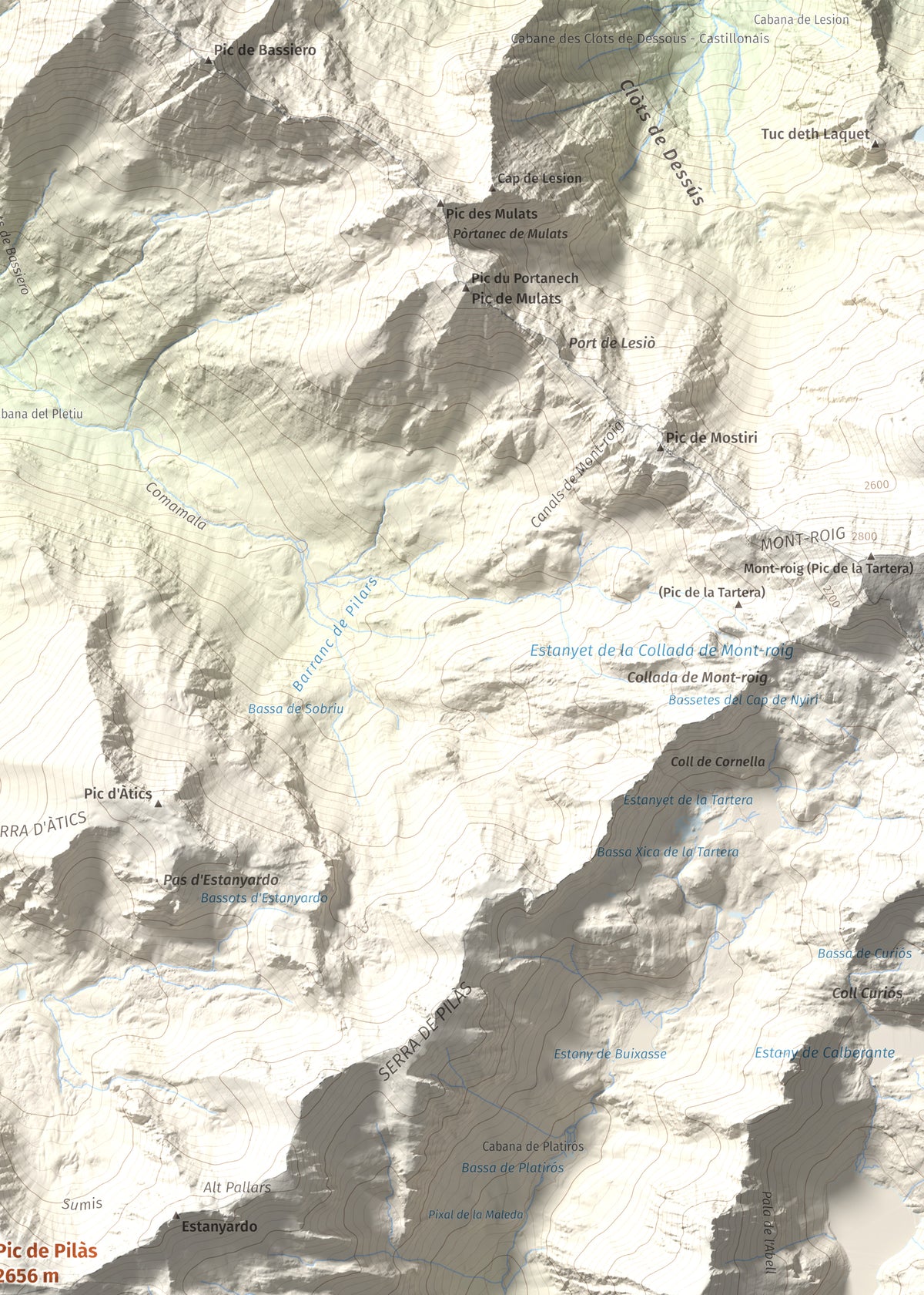 Mapa de relieve de Pic de Pilàs, 2656 m, Pallars Sobirà, lámina 100 Cims de Trobart. Detalle de la zona superior derecha. 50 × 70 cm.