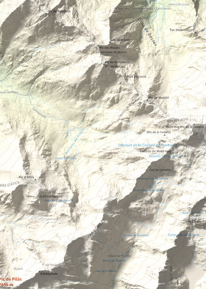 Mapa de relieve de Pic de Pilàs, 2656 m, Pallars Sobirà, lámina 100 Cims de Trobart. Detalle de la zona superior derecha. 50 × 70 cm.