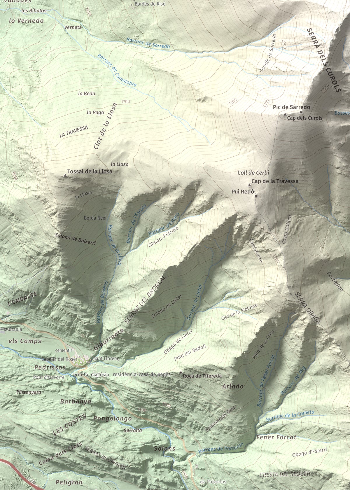Mapa de relieve de Pic de Pilàs, 2656 m, Pallars Sobirà, lámina 100 Cims de Trobart. Detalle de la zona inferior izquierda. 50 × 70 cm.