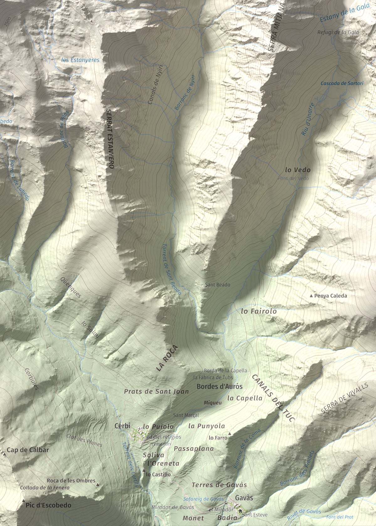 Mapa de relieve de Pic de Pilàs, 2656 m, Pallars Sobirà, lámina 100 Cims de Trobart. Detalle de la zona inferior derecha. 50 × 70 cm.