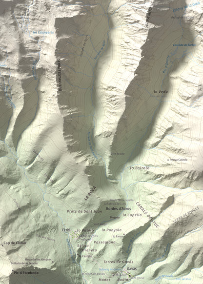 Mapa de relieve de Pic de Pilàs, 2656 m, Pallars Sobirà, lámina 100 Cims de Trobart. Detalle de la zona inferior derecha. 50 × 70 cm.
