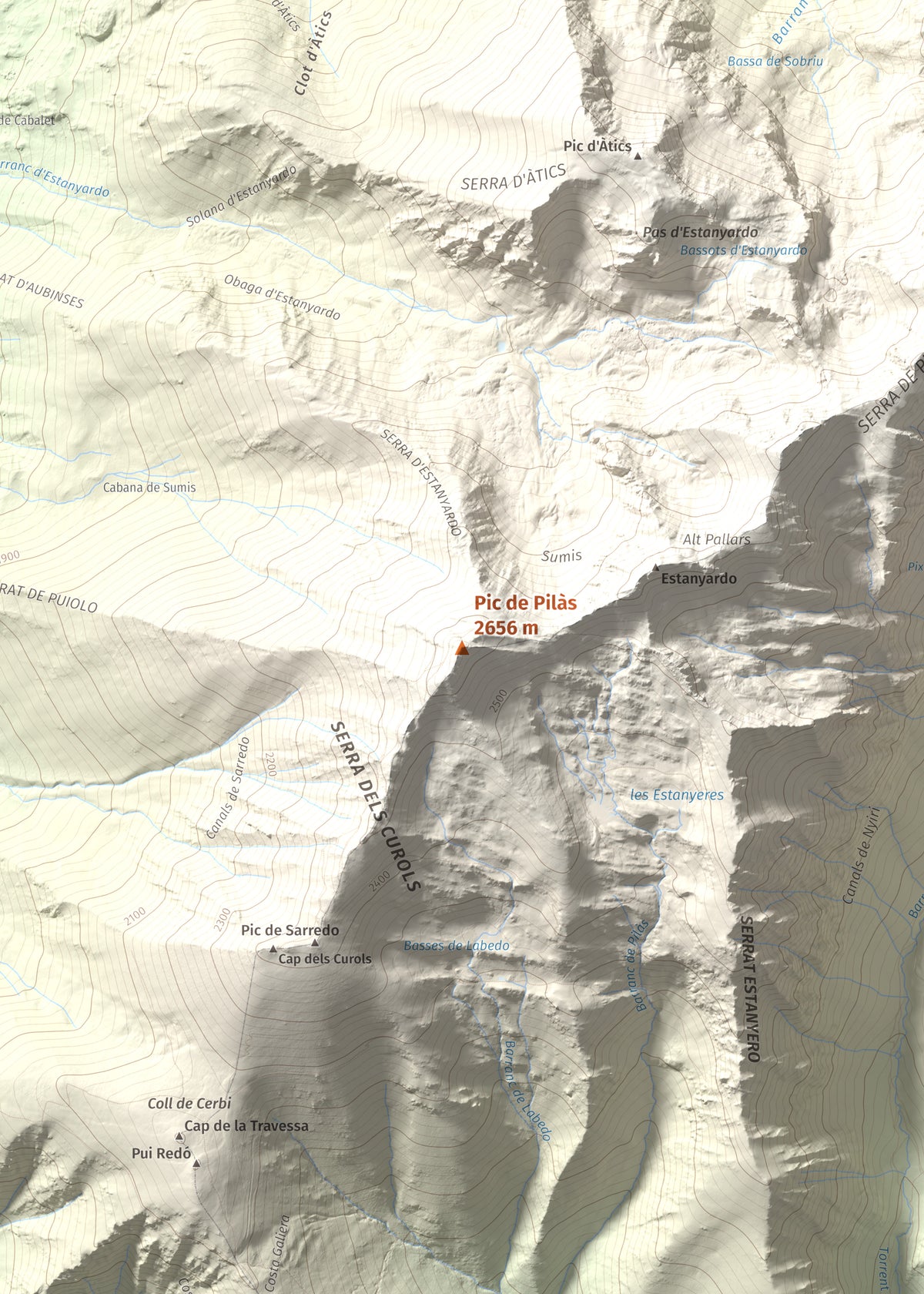 Mapa de relieve de Pic de Pilàs, 2656 m, Pallars Sobirà, lámina 100 Cims de Trobart. Detalle de la zona central. 50 × 70 cm.