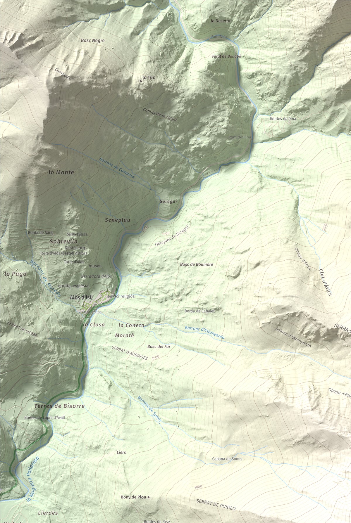 Mapa de relieve de Pic de Pilàs, 2656 m, Pallars Sobirà, lámina 100 Cims de Trobart. Detalle de la zona superior izquierda. 61 × 91 cm.