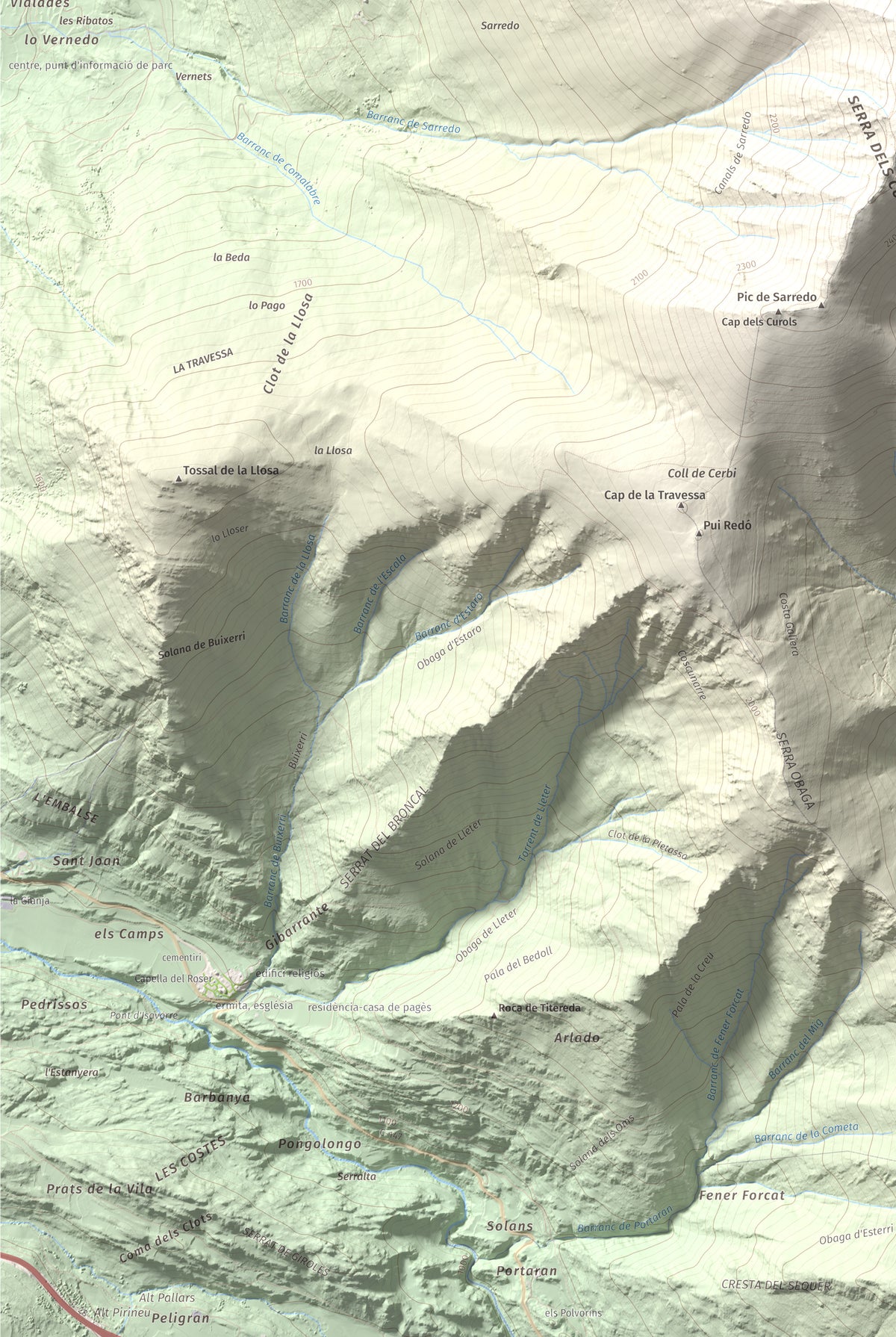 Mapa de relieve de Pic de Pilàs, 2656 m, Pallars Sobirà, lámina 100 Cims de Trobart. Detalle de la zona inferior izquierda. 61 × 91 cm.