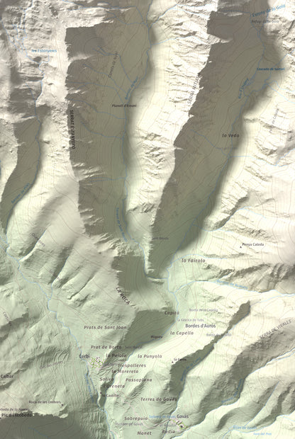 Mapa de relieve de Pic de Pilàs, 2656 m, Pallars Sobirà, lámina 100 Cims de Trobart. Detalle de la zona inferior derecha. 61 × 91 cm.