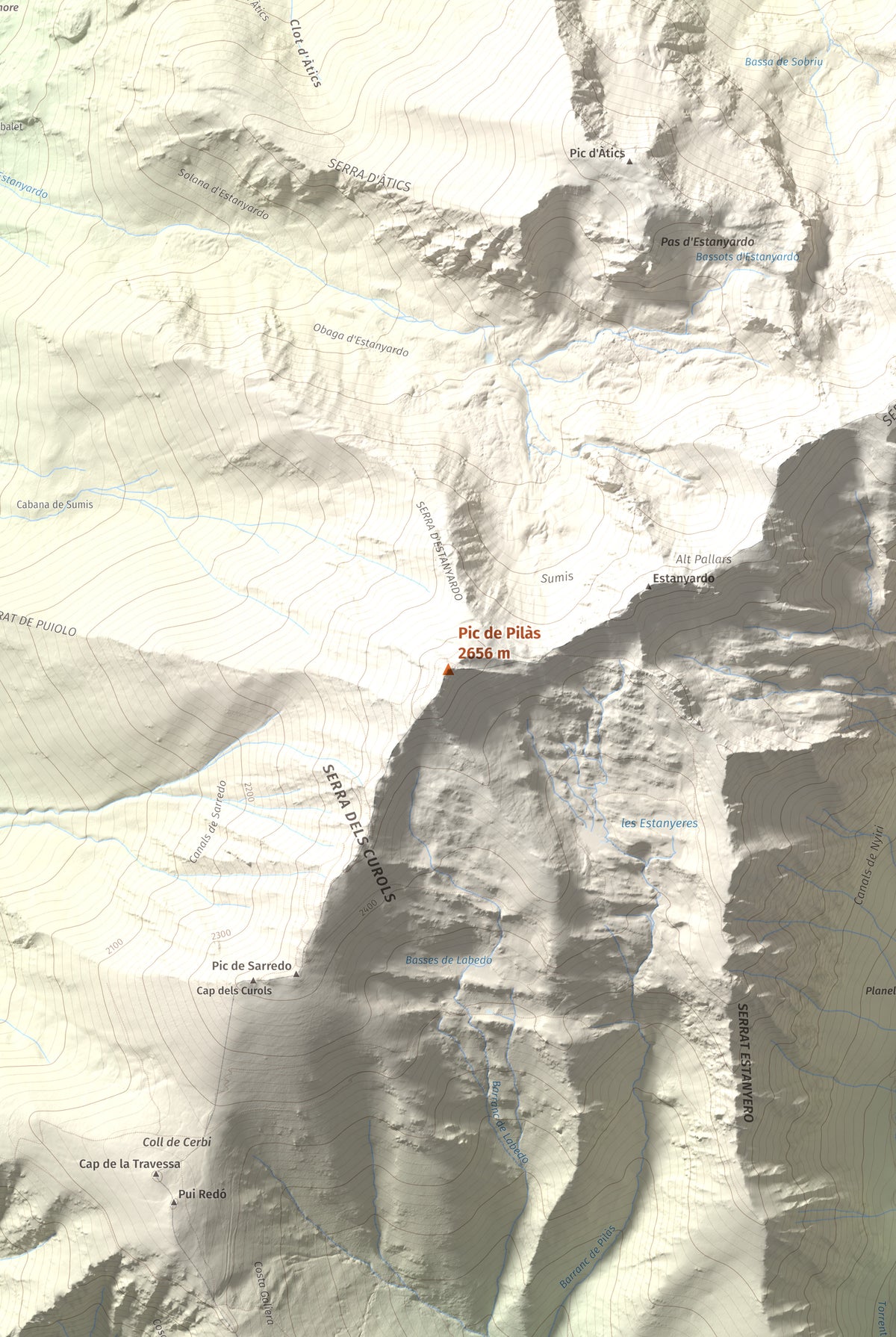 Mapa de relieve de Pic de Pilàs, 2656 m, Pallars Sobirà, lámina 100 Cims de Trobart. Detalle de la zona central. 61 × 91 cm.