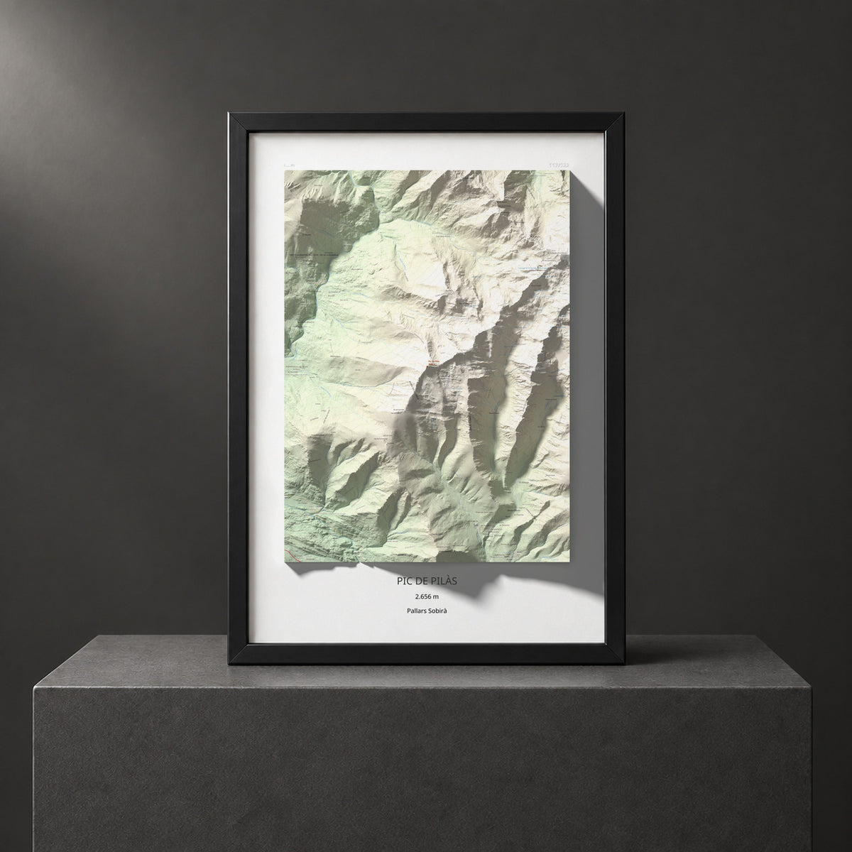 Mapa de relieve de Pic de Pilàs, 2656 m, Pallars Sobirà, lámina 100 Cims de Trobart. Presentación enmarcada. 70 × 100 cm.