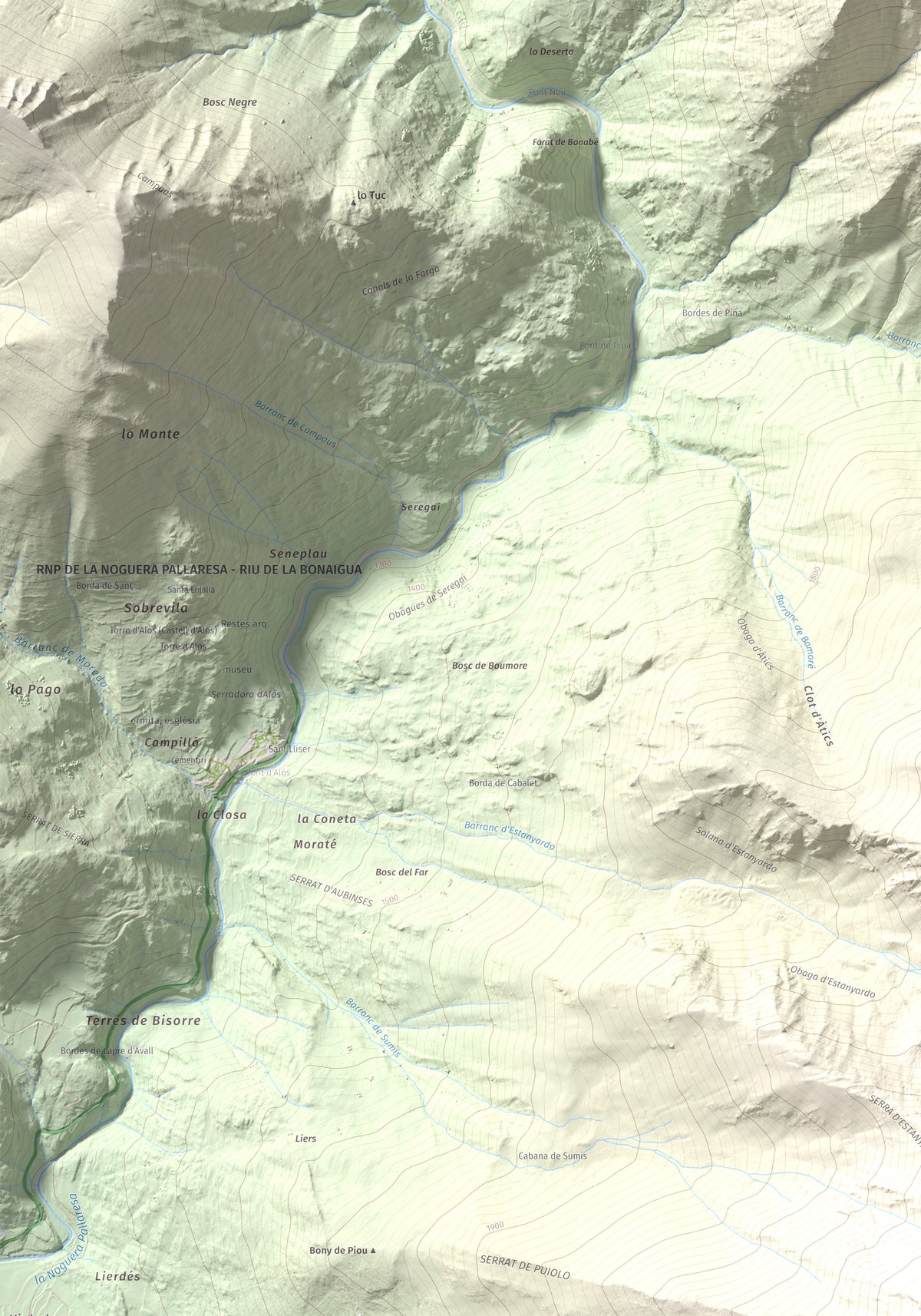 Mapa de relieve de Pic de Pilàs, 2656 m, Pallars Sobirà, lámina 100 Cims de Trobart. Detalle de la zona superior izquierda. 70 × 100 cm.