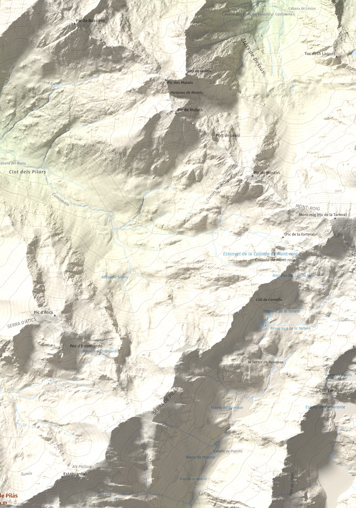Mapa de relieve de Pic de Pilàs, 2656 m, Pallars Sobirà, lámina 100 Cims de Trobart. Detalle de la zona superior derecha. 70 × 100 cm.