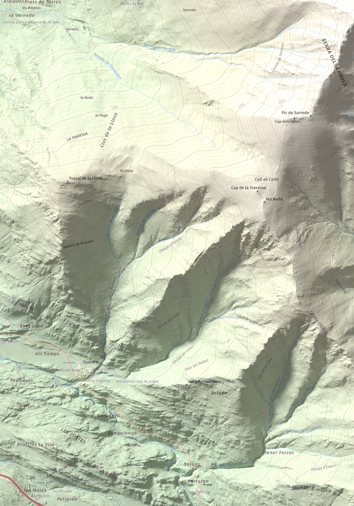 Mapa de relieve de Pic de Pilàs, 2656 m, Pallars Sobirà, lámina 100 Cims de Trobart. Detalle de la zona inferior izquierda. 70 × 100 cm.