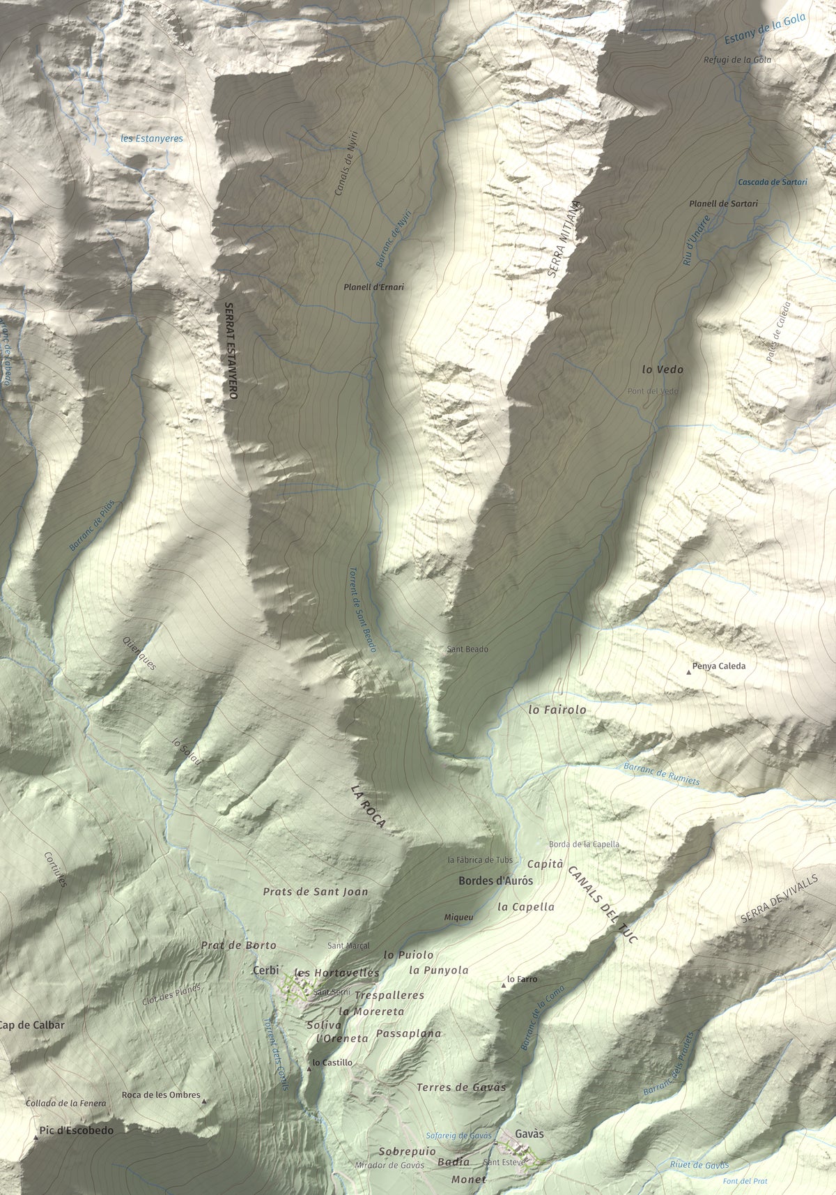 Mapa de relieve de Pic de Pilàs, 2656 m, Pallars Sobirà, lámina 100 Cims de Trobart. Detalle de la zona inferior derecha. 70 × 100 cm.