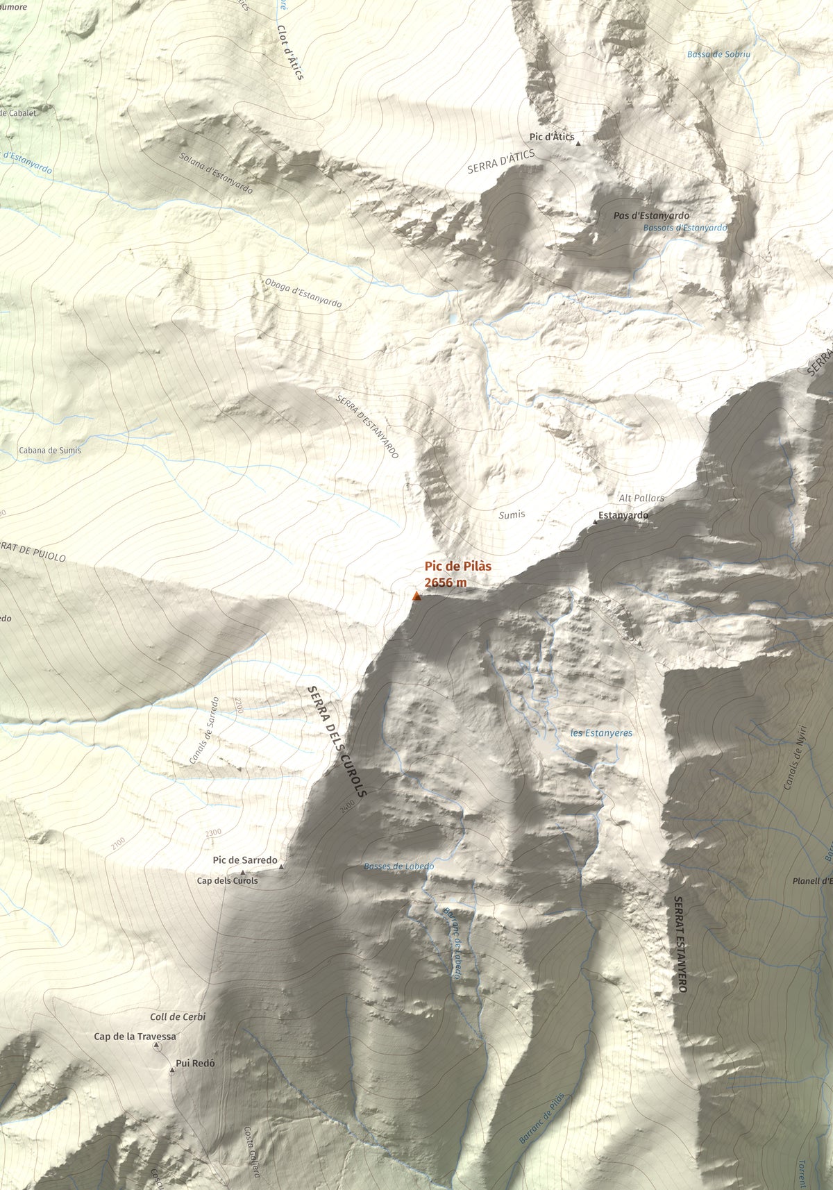 Mapa de relieve de Pic de Pilàs, 2656 m, Pallars Sobirà, lámina 100 Cims de Trobart. Detalle de la zona central. 70 × 100 cm.