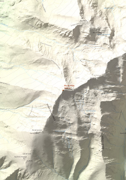 Mapa de relieve de Pic de Pilàs, 2656 m, Pallars Sobirà, lámina 100 Cims de Trobart. Detalle de la zona central. 70 × 100 cm.