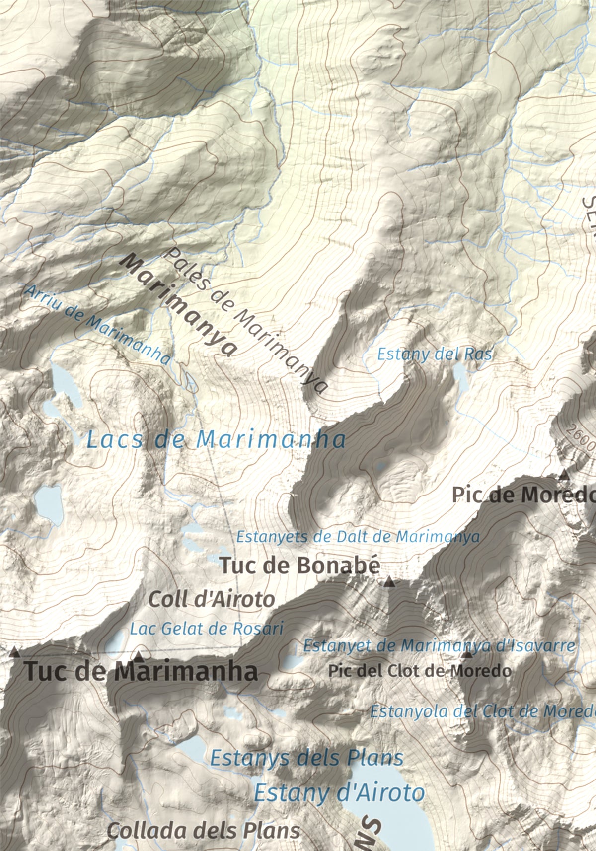 Mapa de relieve de Pic de Qüenca, 2639 m, Pallars Sobirà, lámina 100 Cims de Trobart. Detalle de la zona superior izquierda. 21 × 30 cm.