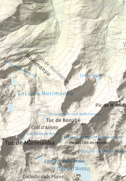 Mapa de relieve de Pic de Qüenca, 2639 m, Pallars Sobirà, lámina 100 Cims de Trobart. Detalle de la zona superior izquierda. 21 × 30 cm.