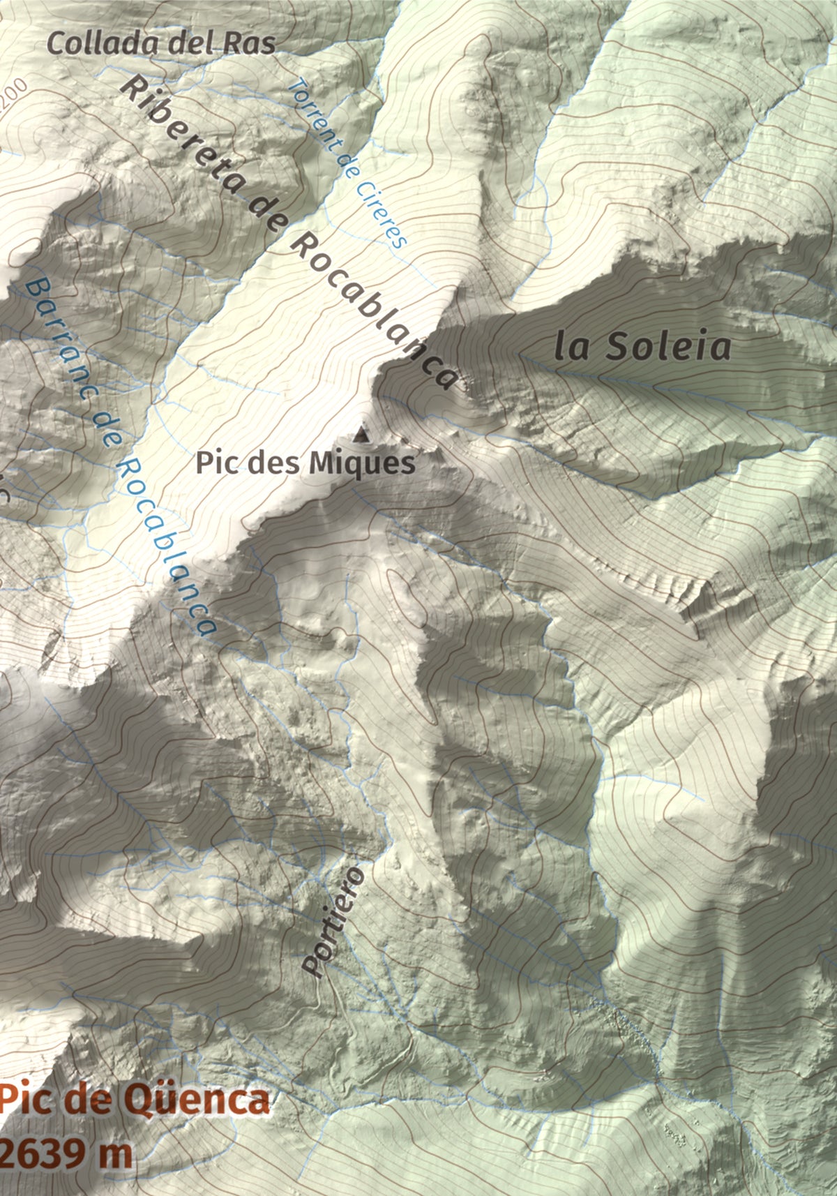 Mapa de relieve de Pic de Qüenca, 2639 m, Pallars Sobirà, lámina 100 Cims de Trobart. Detalle de la zona superior derecha. 21 × 30 cm.