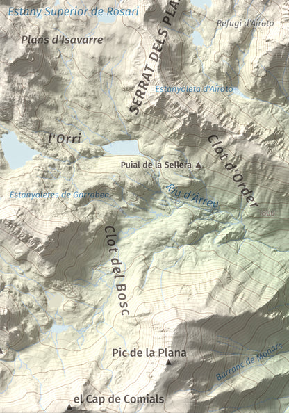 Mapa de relieve de Pic de Qüenca, 2639 m, Pallars Sobirà, lámina 100 Cims de Trobart. Detalle de la zona inferior izquierda. 21 × 30 cm.