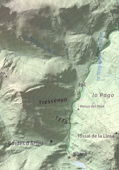 Mapa de relieve de Pic de Qüenca, 2639 m, Pallars Sobirà, lámina 100 Cims de Trobart. Detalle de la zona inferior derecha. 21 × 30 cm.