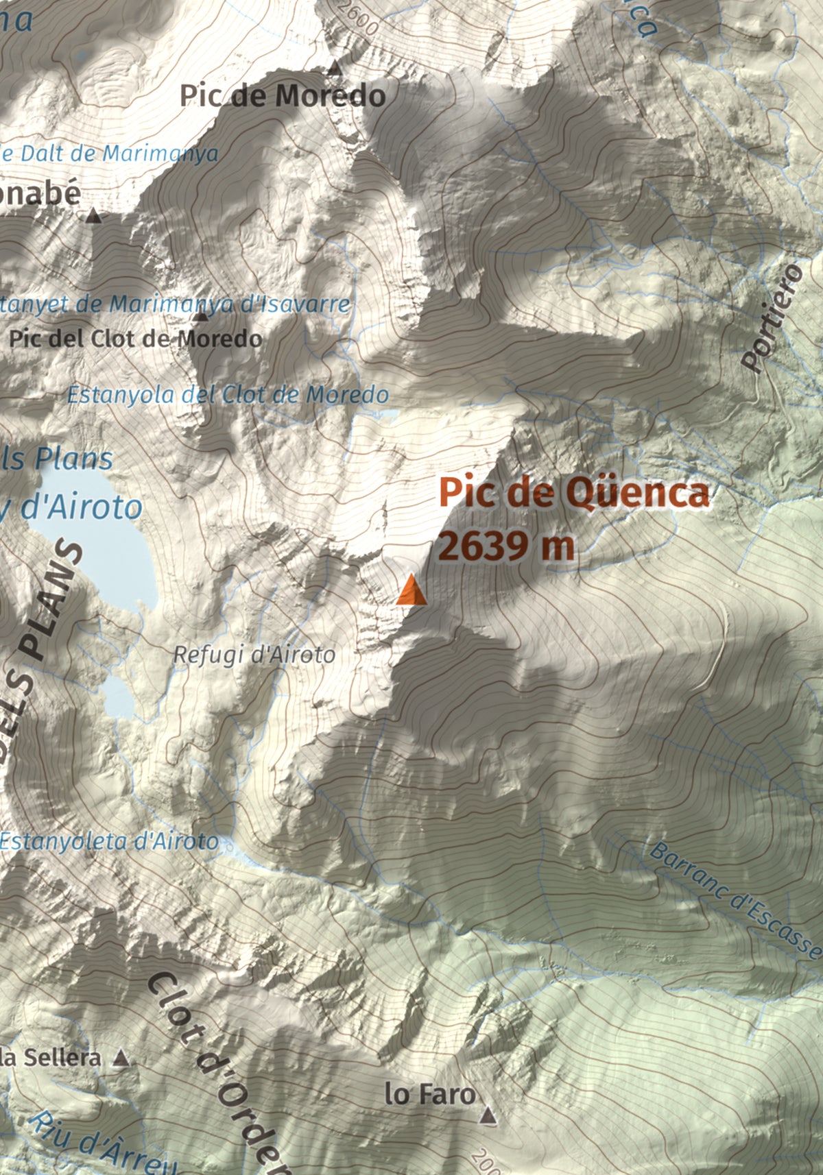 Mapa de relieve de Pic de Qüenca, 2639 m, Pallars Sobirà, lámina 100 Cims de Trobart. Detalle de la zona central. 21 × 30 cm.