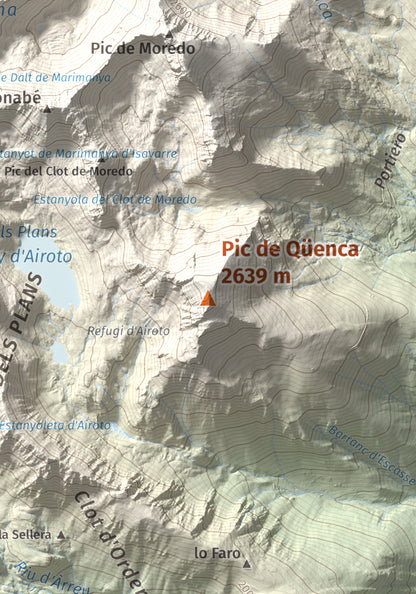 Mapa de relieve de Pic de Qüenca, 2639 m, Pallars Sobirà, lámina 100 Cims de Trobart. Detalle de la zona central. 21 × 30 cm.