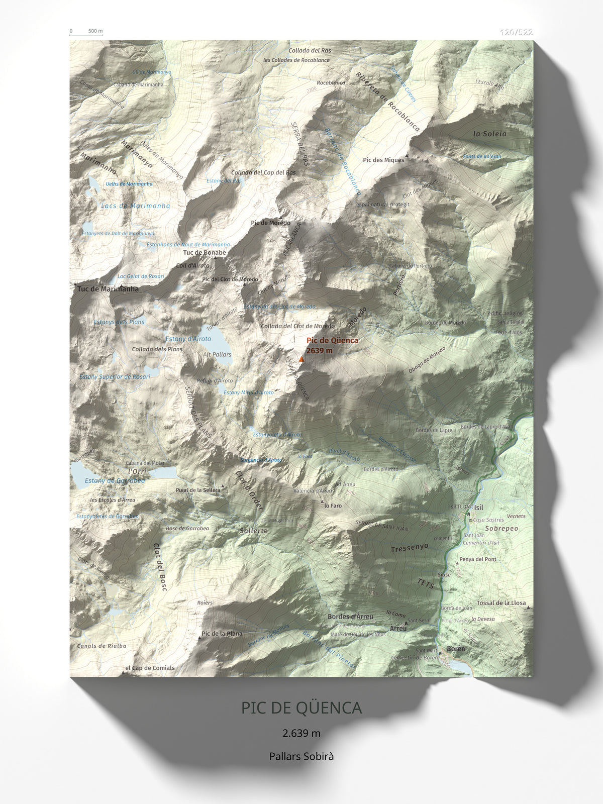 Mapa de relieve de Pic de Qüenca, 2639 m, Pallars Sobirà, lámina 100 Cims de Trobart 30 × 40 cm.