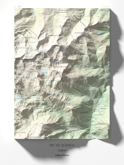 Mapa de relieve de Pic de Qüenca, 2639 m, Pallars Sobirà, lámina 100 Cims de Trobart 30 × 40 cm.