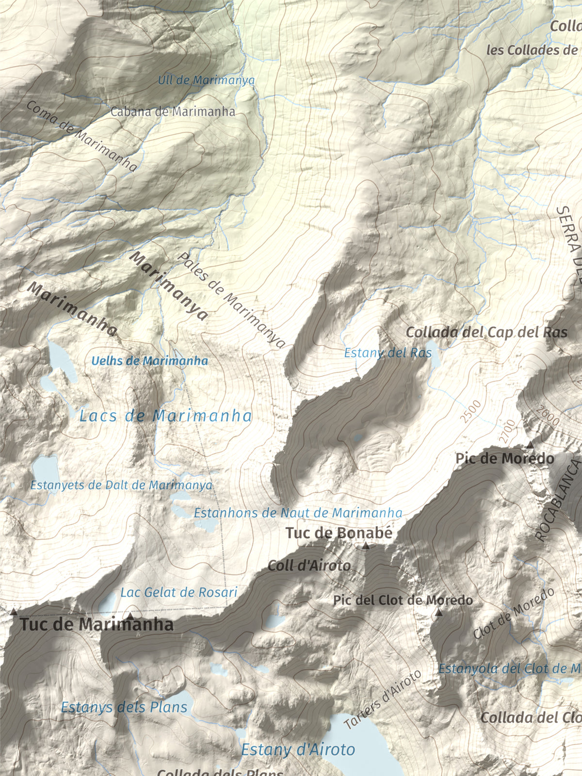 Mapa de relieve de Pic de Qüenca, 2639 m, Pallars Sobirà, lámina 100 Cims de Trobart. Detalle de la zona superior izquierda. 30 × 40 cm.