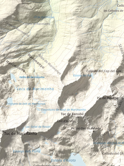 Mapa de relieve de Pic de Qüenca, 2639 m, Pallars Sobirà, lámina 100 Cims de Trobart. Detalle de la zona superior izquierda. 30 × 40 cm.