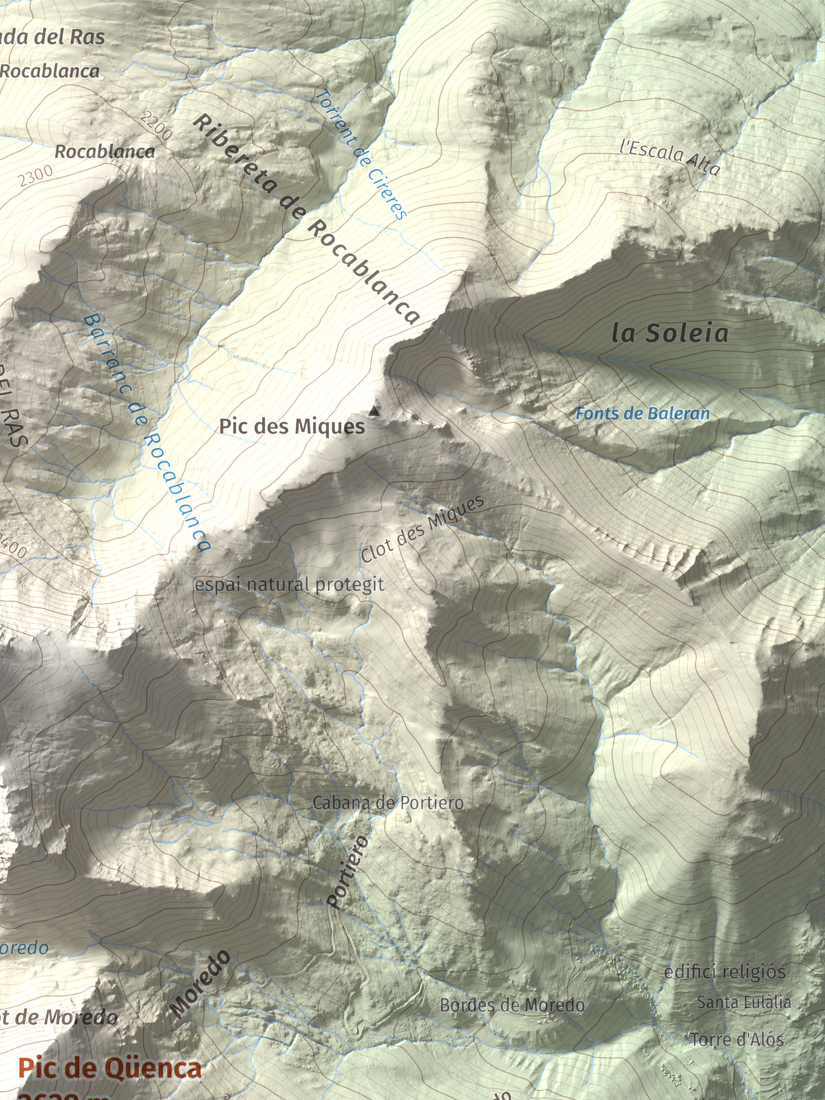 Mapa de relieve de Pic de Qüenca, 2639 m, Pallars Sobirà, lámina 100 Cims de Trobart. Detalle de la zona superior derecha. 30 × 40 cm.