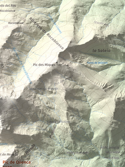 Mapa de relieve de Pic de Qüenca, 2639 m, Pallars Sobirà, lámina 100 Cims de Trobart. Detalle de la zona superior derecha. 30 × 40 cm.