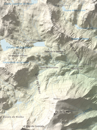 Mapa de relieve de Pic de Qüenca, 2639 m, Pallars Sobirà, lámina 100 Cims de Trobart. Detalle de la zona inferior izquierda. 30 × 40 cm.