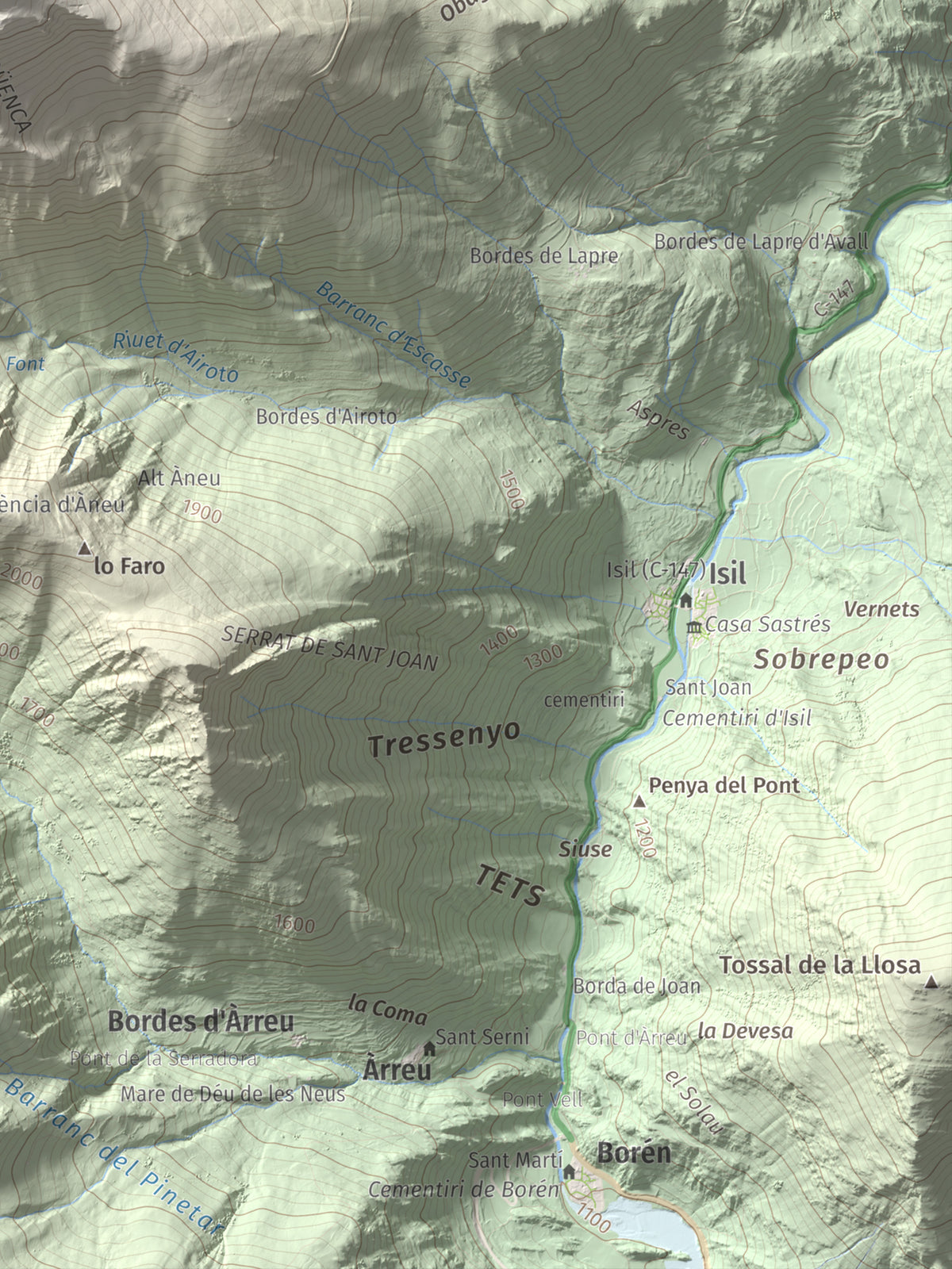 Mapa de relieve de Pic de Qüenca, 2639 m, Pallars Sobirà, lámina 100 Cims de Trobart. Detalle de la zona inferior derecha. 30 × 40 cm.
