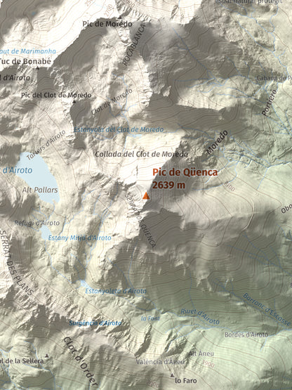 Mapa de relieve de Pic de Qüenca, 2639 m, Pallars Sobirà, lámina 100 Cims de Trobart. Detalle de la zona central. 30 × 40 cm.