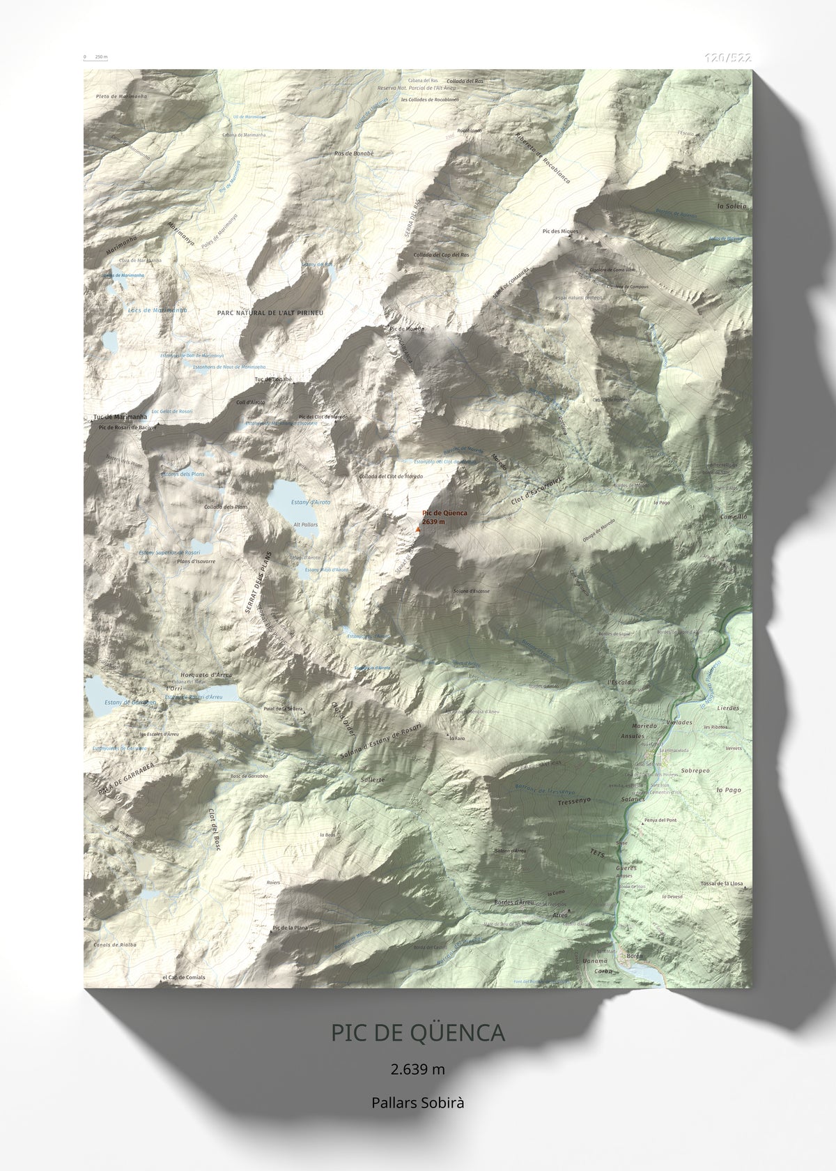 Mapa de relieve de Pic de Qüenca, 2639 m, Pallars Sobirà, lámina 100 Cims de Trobart 50 × 70 cm.