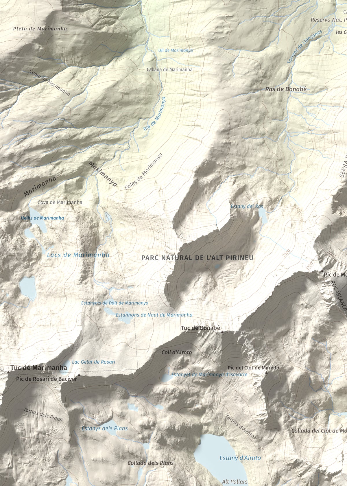 Mapa de relieve de Pic de Qüenca, 2639 m, Pallars Sobirà, lámina 100 Cims de Trobart. Detalle de la zona superior izquierda. 50 × 70 cm.