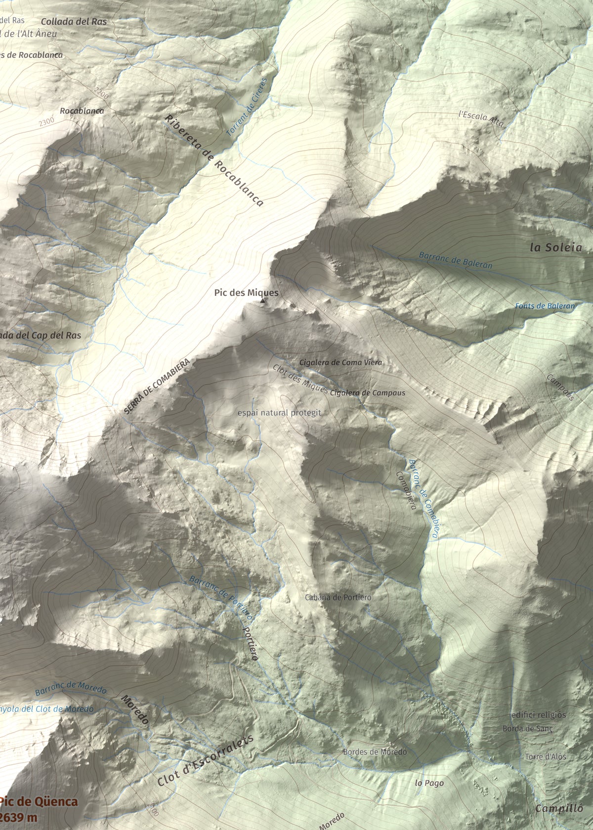 Mapa de relieve de Pic de Qüenca, 2639 m, Pallars Sobirà, lámina 100 Cims de Trobart. Detalle de la zona superior derecha. 50 × 70 cm.