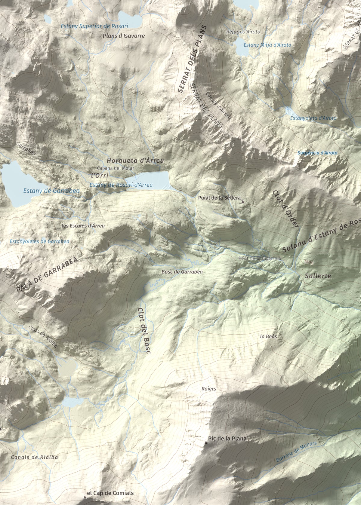 Mapa de relieve de Pic de Qüenca, 2639 m, Pallars Sobirà, lámina 100 Cims de Trobart. Detalle de la zona inferior izquierda. 50 × 70 cm.