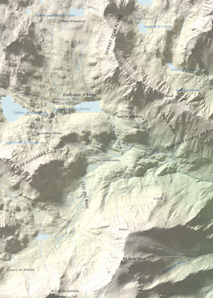 Mapa de relieve de Pic de Qüenca, 2639 m, Pallars Sobirà, lámina 100 Cims de Trobart. Detalle de la zona inferior izquierda. 50 × 70 cm.