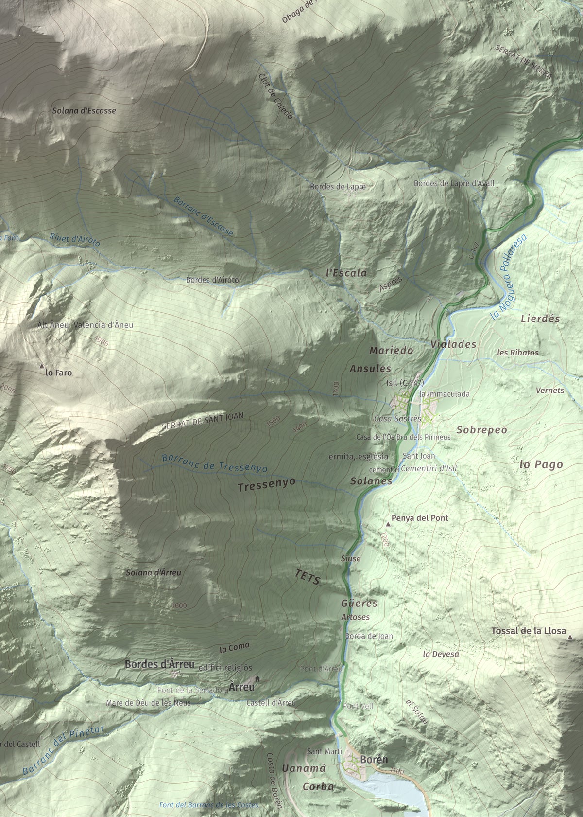 Mapa de relieve de Pic de Qüenca, 2639 m, Pallars Sobirà, lámina 100 Cims de Trobart. Detalle de la zona inferior derecha. 50 × 70 cm.